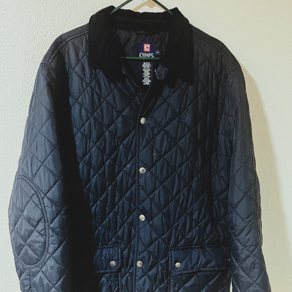 Chaps Navy Blue Quilted Puffer Jacket Snap Front and Pockets Corduroy Collar Lg